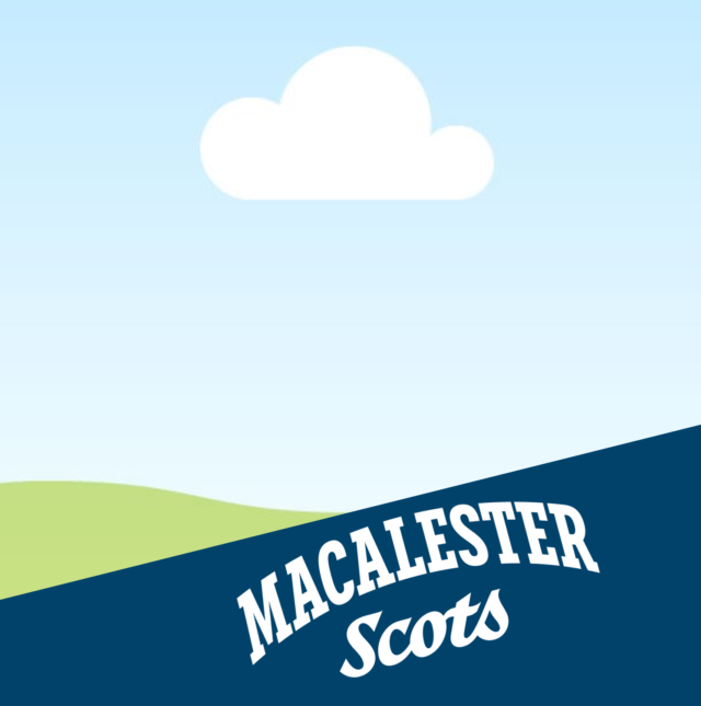 A blue sky with one cloud with rolling green hills below. The bottom of the image is blue with the text Macalester Scots.